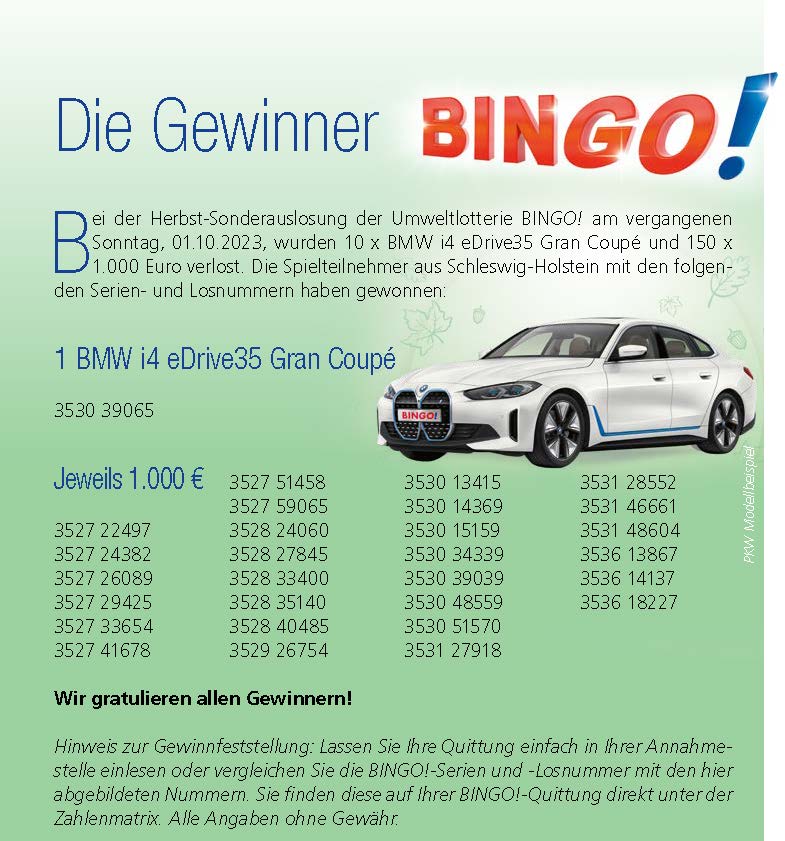 Bingo Sonderauslosung Gewinner Herbst 2023 Schleswig-Holstein